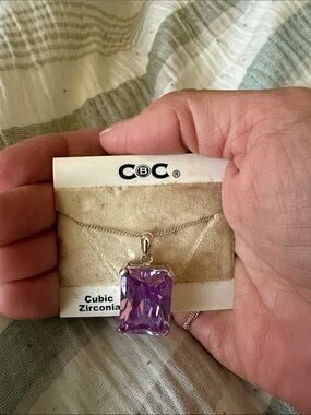 CBC Purple Cubic Zirconia Pendant Necklace in Silver Tone
